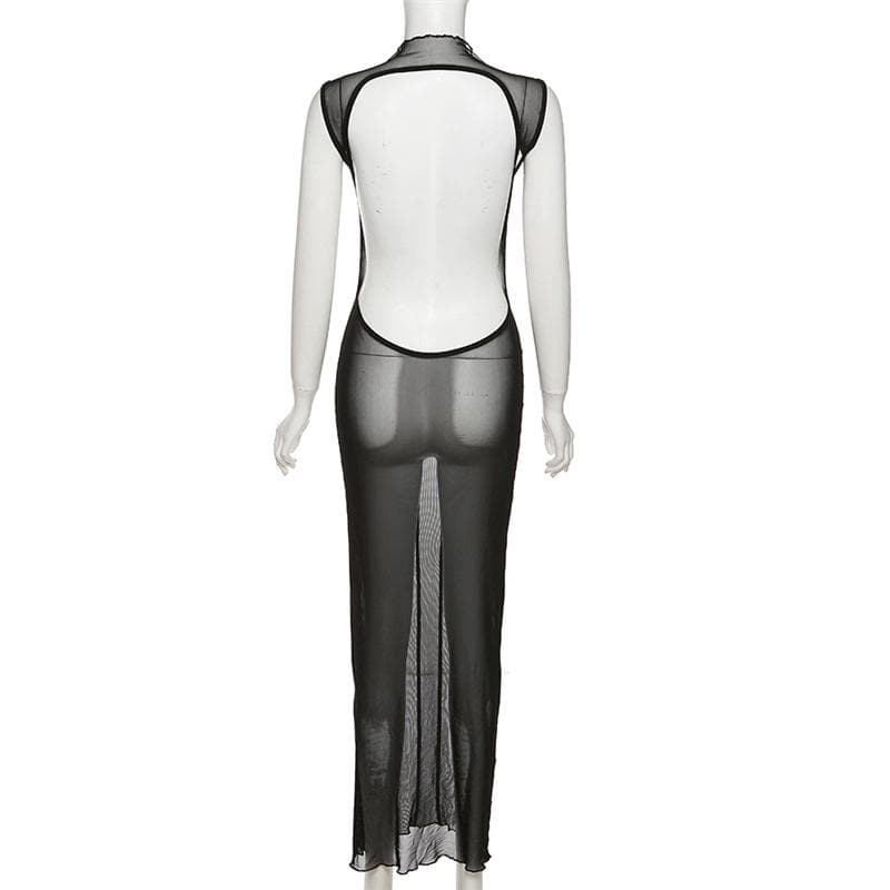 Sleeveless solid sheer mesh see through backless midi dress 4