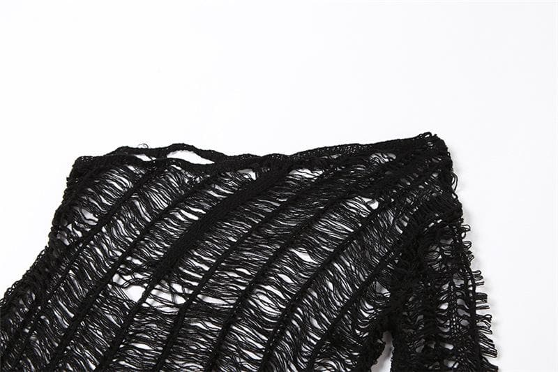 Distressed Open Knit One Shoulder Long Sleeve Sheer Maxi Dress 4