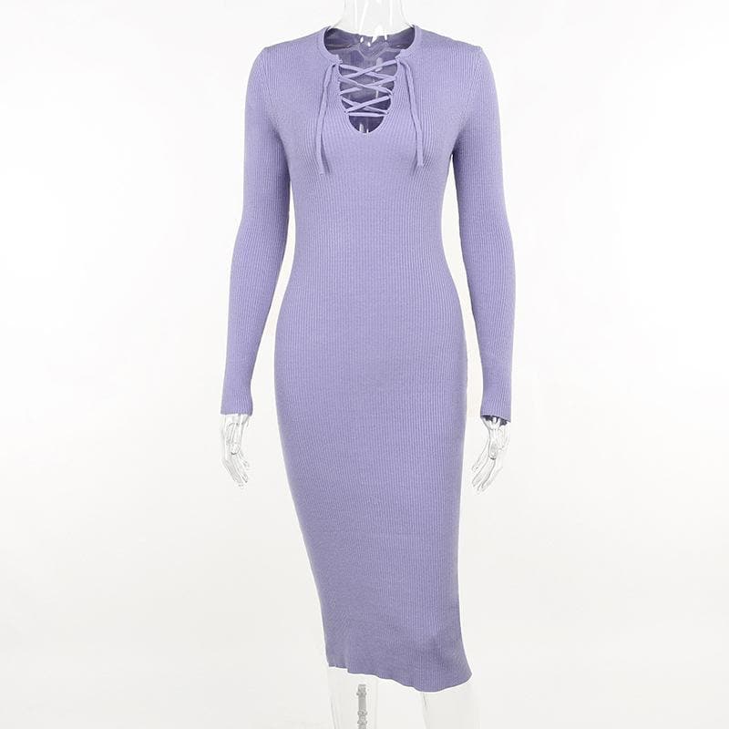 Lace up solid ribbed long sleeve notch neck mini dress 2