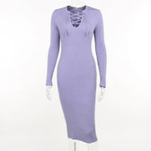 Lace up solid ribbed long sleeve notch neck mini dress 2
