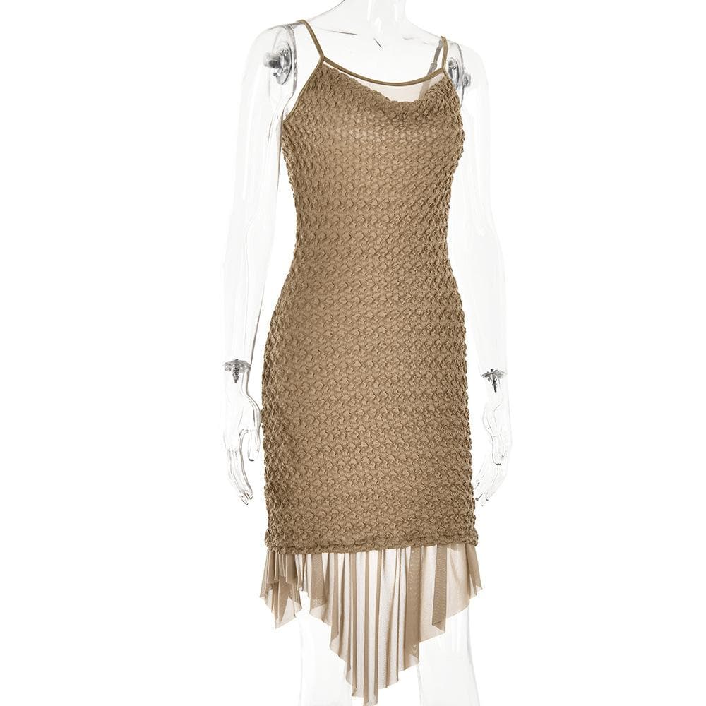 Textured mesh solid ruched irregular cami midi dress 3
