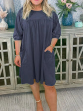 Round Neck Puff Sleeve Pocket Babydoll Mini Dress 5