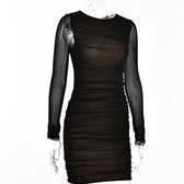 Mesh long sleeve solid ruched crewneck mini dress 4