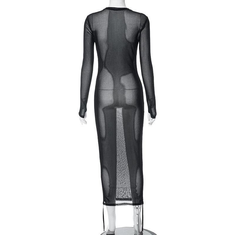 Crewneck long sleeve drawstring sheer mesh see through 2-way midi dress 5