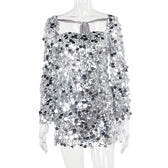 Glitter self tie long sleeve slit backless mini dress 2
