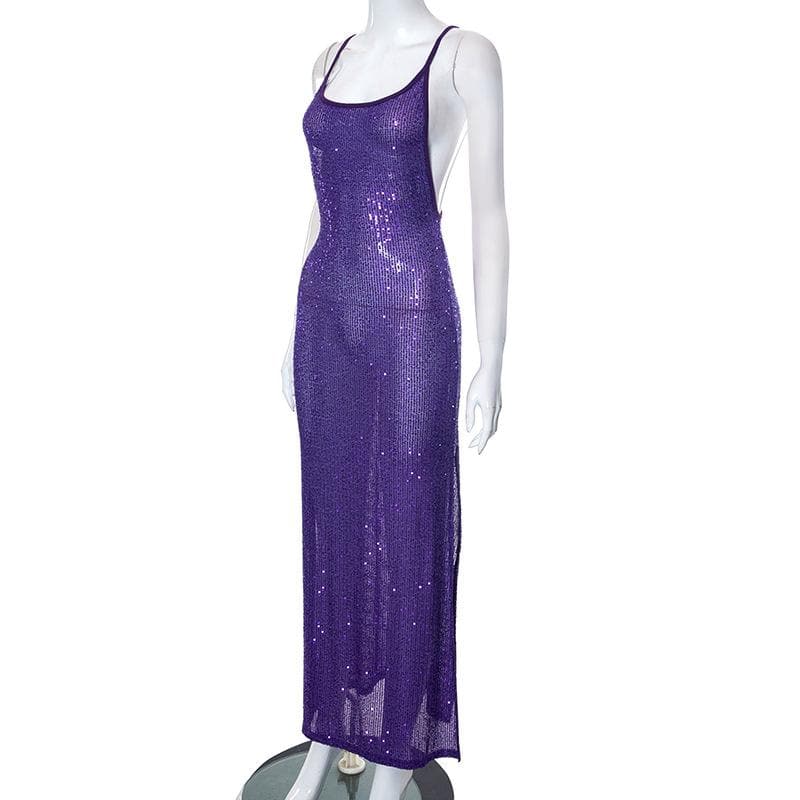 Glitter u neck see through backless cami maxi dress 4