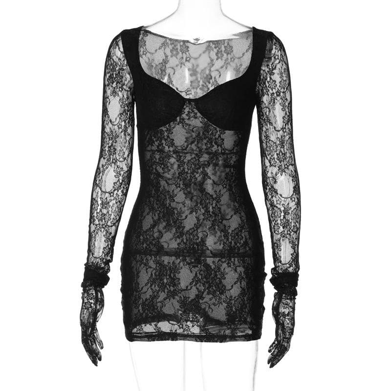Long sleeve lace gloves see through sweetheart neck mini dress 2