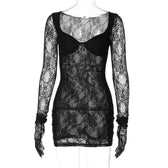 Long sleeve lace gloves see through sweetheart neck mini dress 2