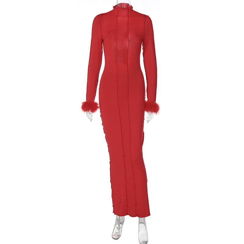 Long sleeve solid feather ruffle high neck backless midi dress 8