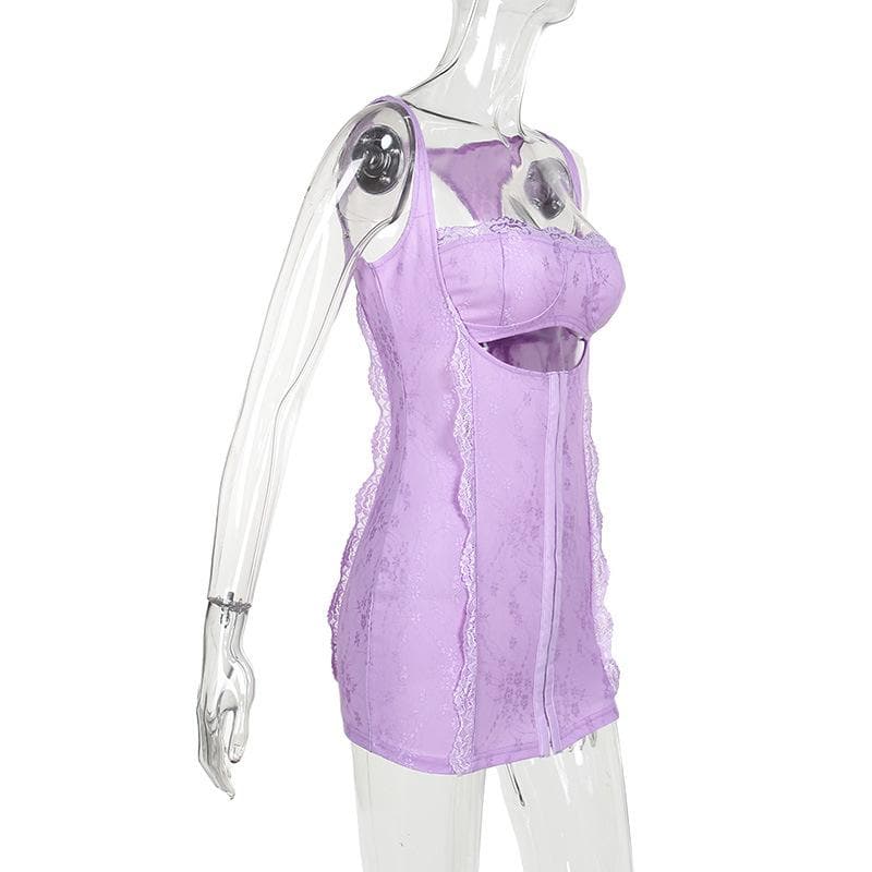 Square neck lace backless hollow out button solid cami mini dress 4
