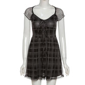 Mesh short sleeve plaid A line ruffled dress 4