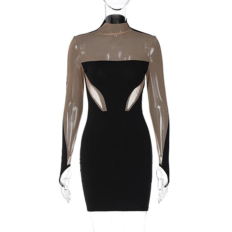 Mesh patchwork contrast gloves high neck mini dress 11