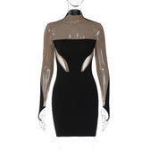 Mesh patchwork contrast gloves high neck mini dress 11