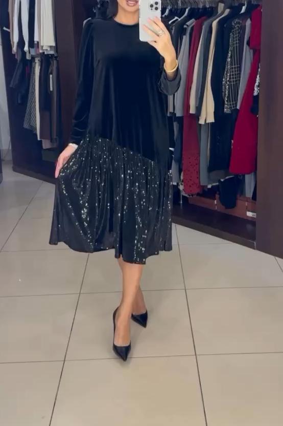 Round Neck Long Sleeve Velvet Sequin Ruffle Midi Dress 3