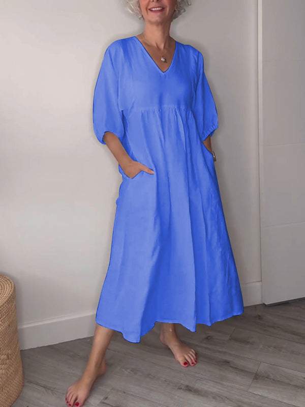 Linen V-Neck Puff Sleeve Pocket Midi Dress 4