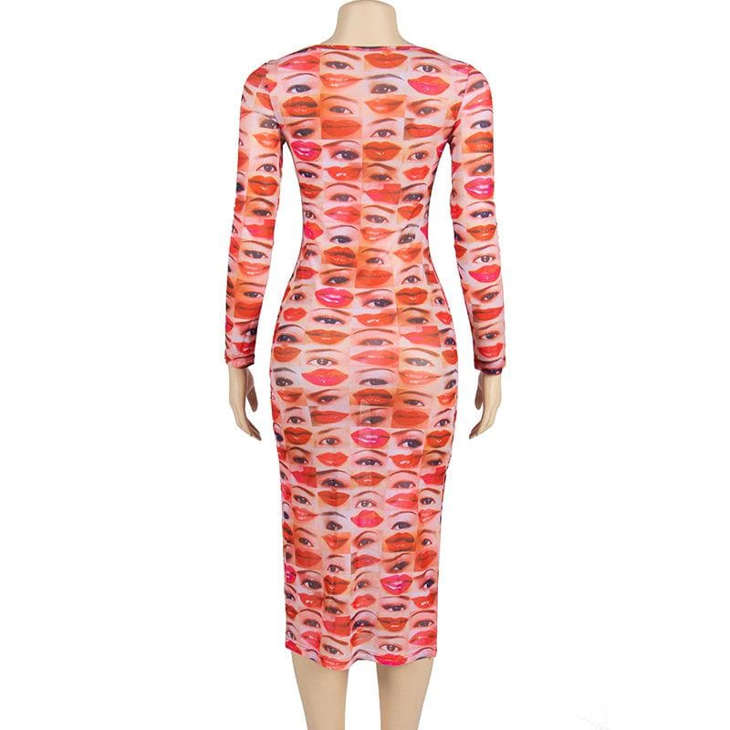 Long sleeve abstract u neck sheer mesh contrast midi dress 3