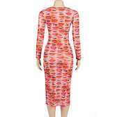 Long sleeve abstract u neck sheer mesh contrast midi dress 3