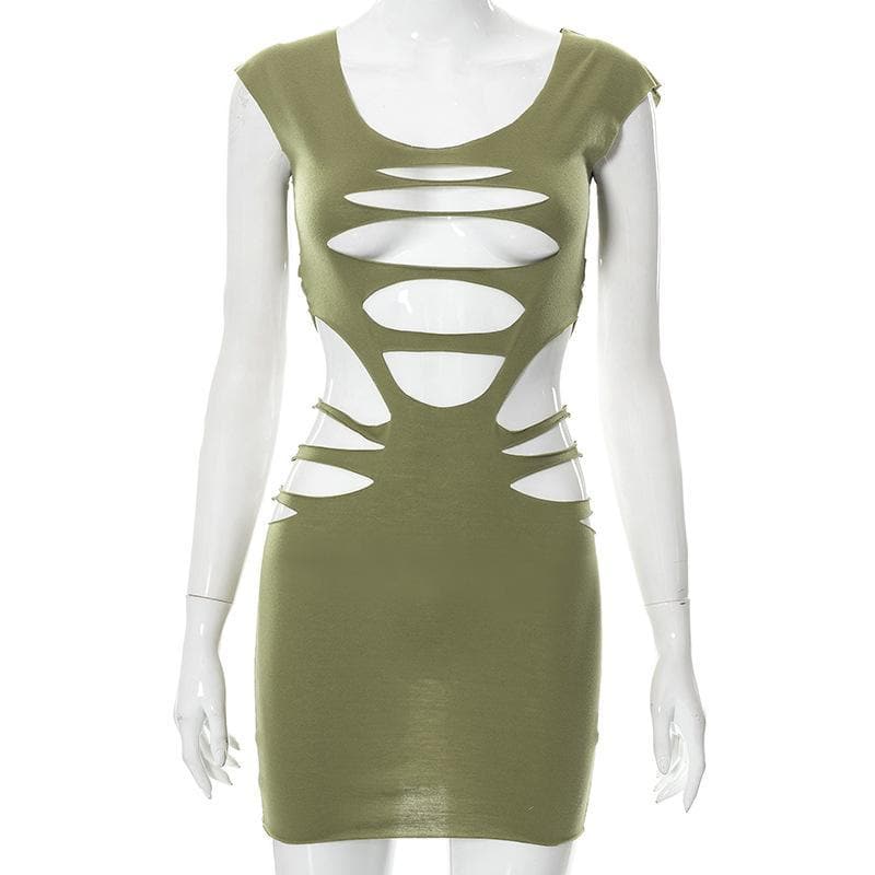 Round neck short sleeve hollow out solid dress
