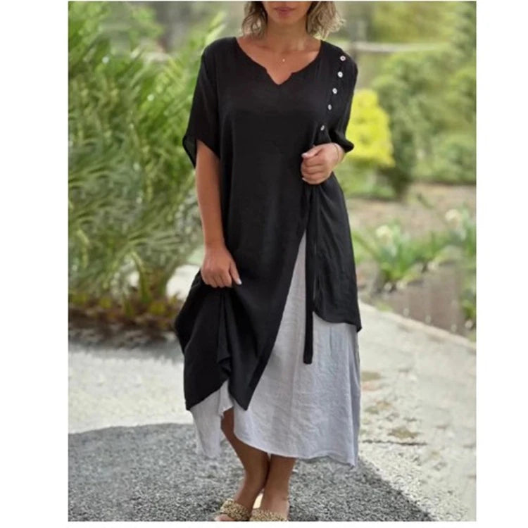 V-Neck Short Sleeve Layered Midi Dress 3