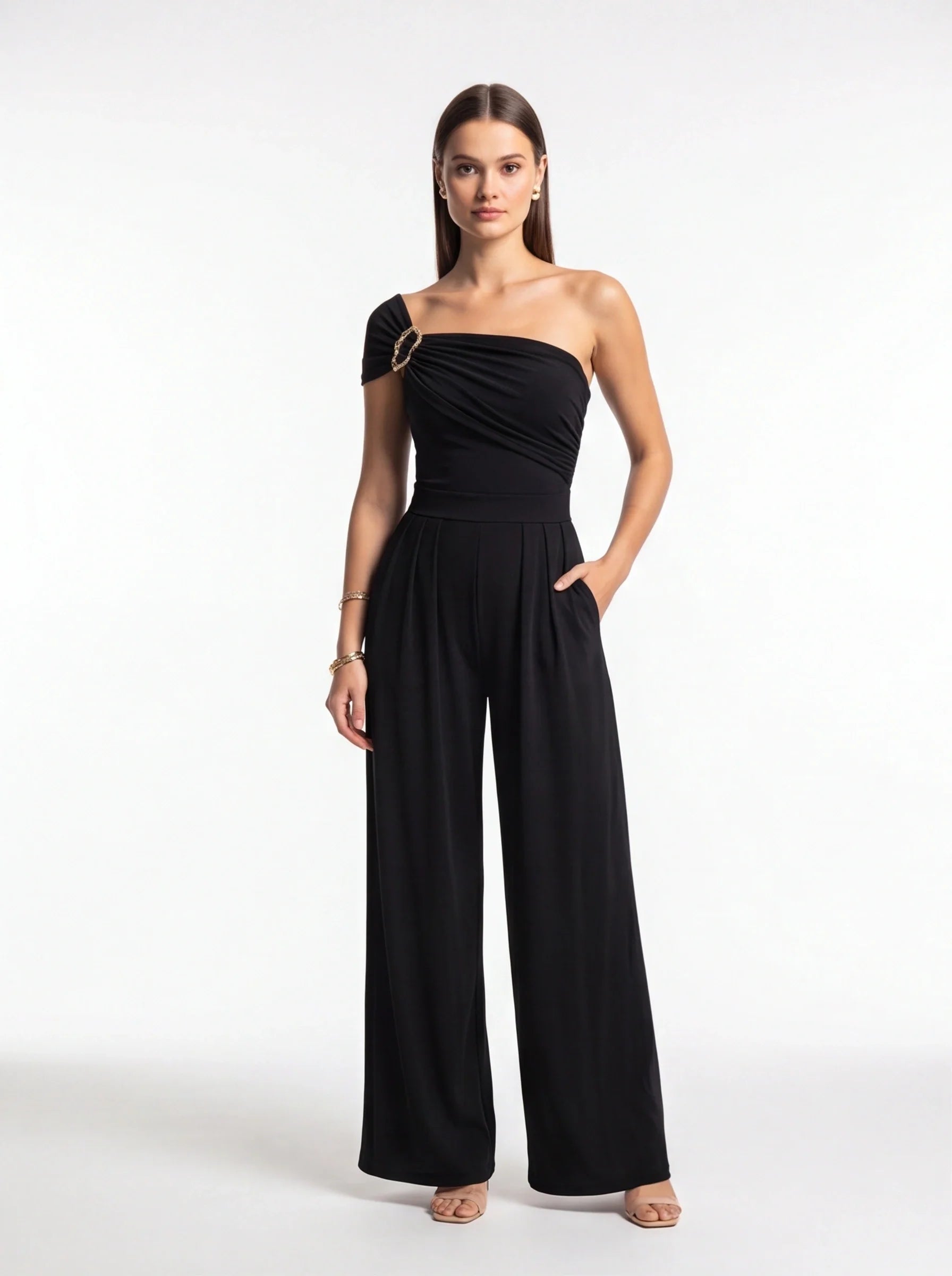 Elegant High-Waisted Wide Leg Jumpsuit with Pockets & Belted Waist