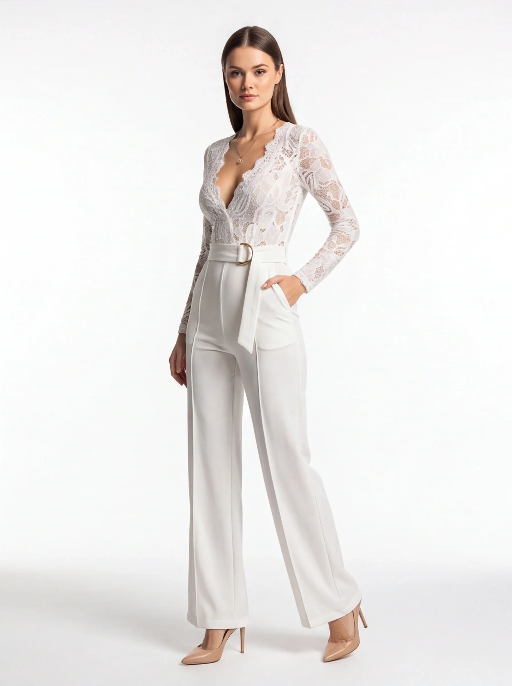 Elegant Floral Lace Jumpsuit with Pockets and Adjustable Straps