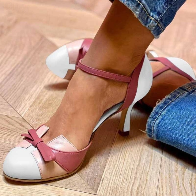 Almond Toe Ankle Strap Bow Kitten Heel Pumps