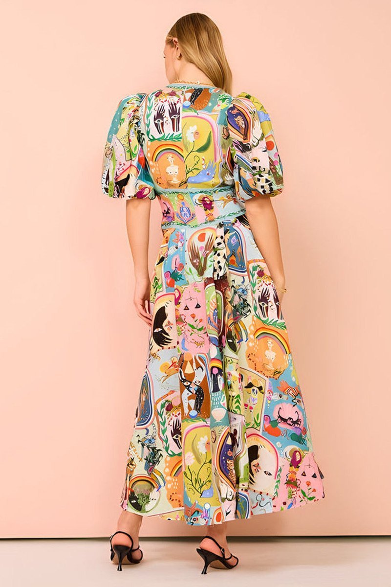 Aesthetic Paty V Neck Puff Sleeve Midi Dress Elevated Occasion Wear
