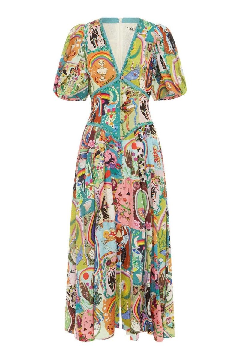 Aesthetic Paty V Neck Puff Sleeve Midi Dress Elevated Occasion Wear