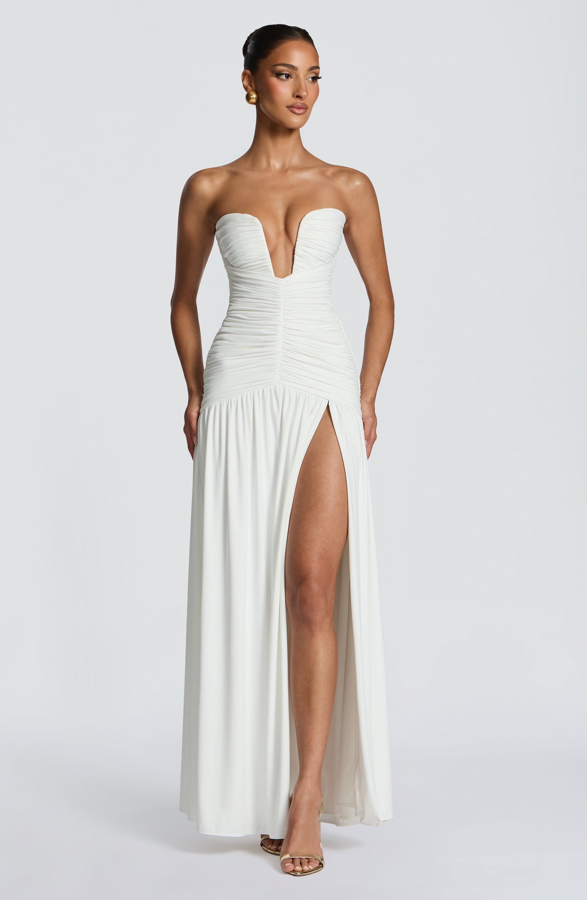 Strapless Plunge Ruched Bodice High Split Maxi Gown