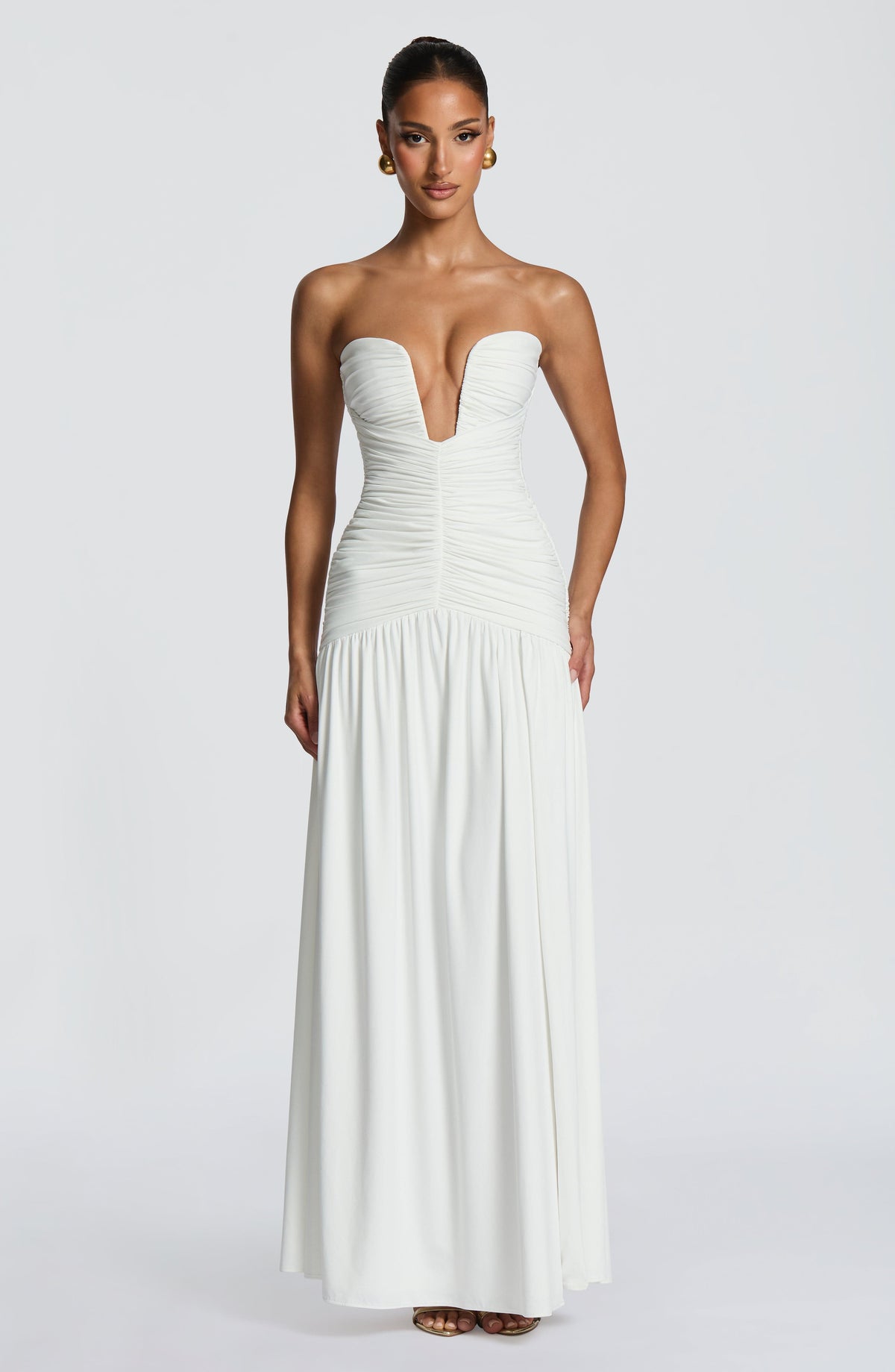 Strapless Plunge Ruched Bodice High Split Maxi Gown 6