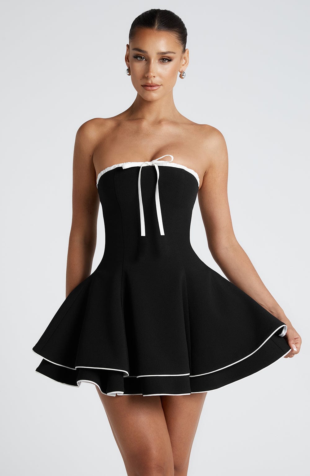 Strapless Contrast Piping Bow Front Tiered Skater Mini Dress 7