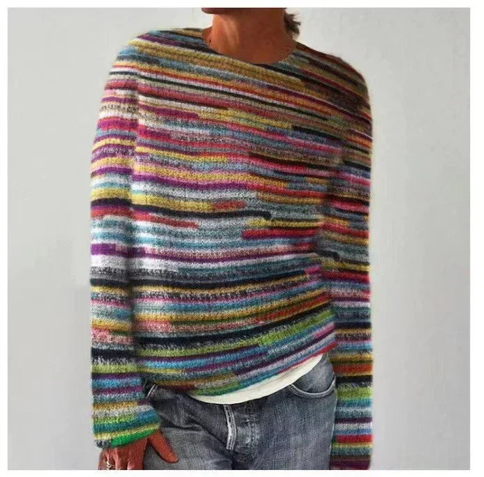 Crew Neck Long Sleeve Striped Knit Sweater
