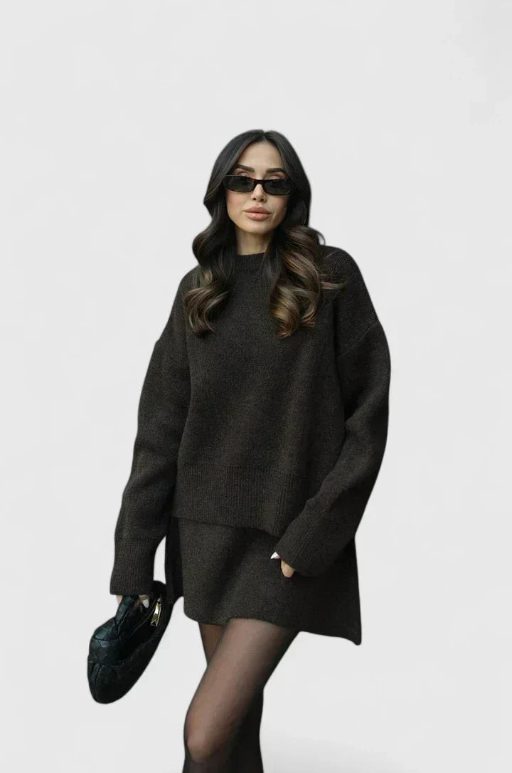 Crew Neck Oversized Sweater and Mini Skirt Two Piece Set