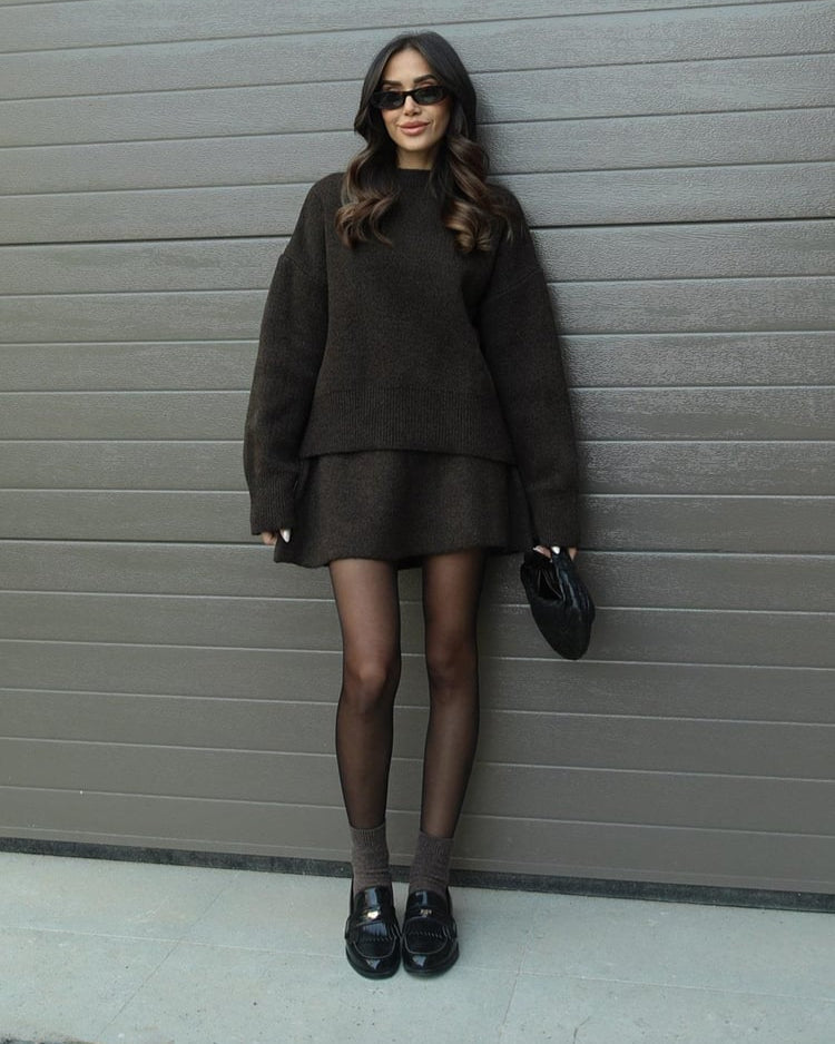 Crew Neck Oversized Knit Sweater and Mini Skirt Two Piece Set