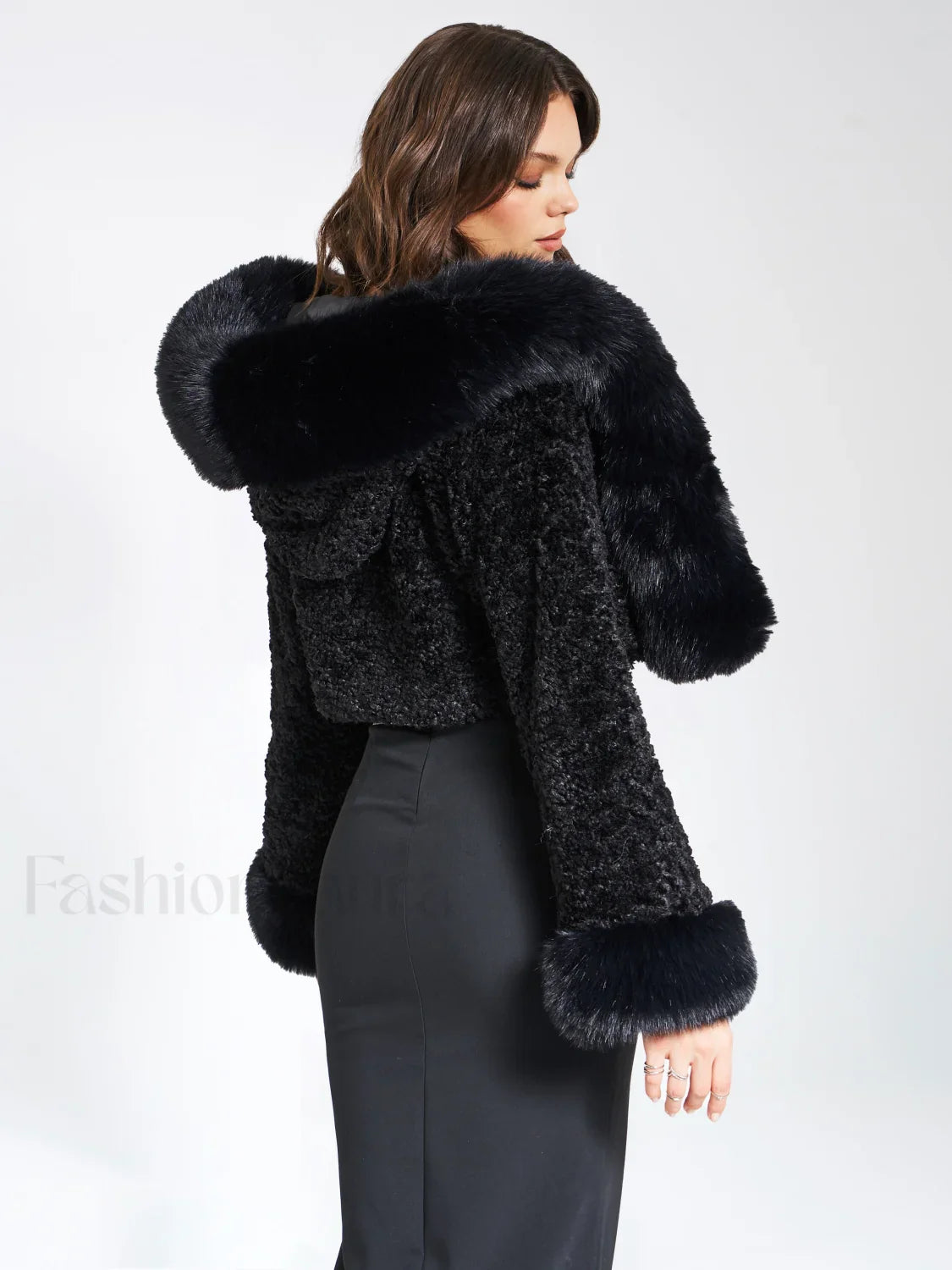 Kali Black Cropped Faux Graceful Fur Jacket With Hood L / US 10 12 Outwear