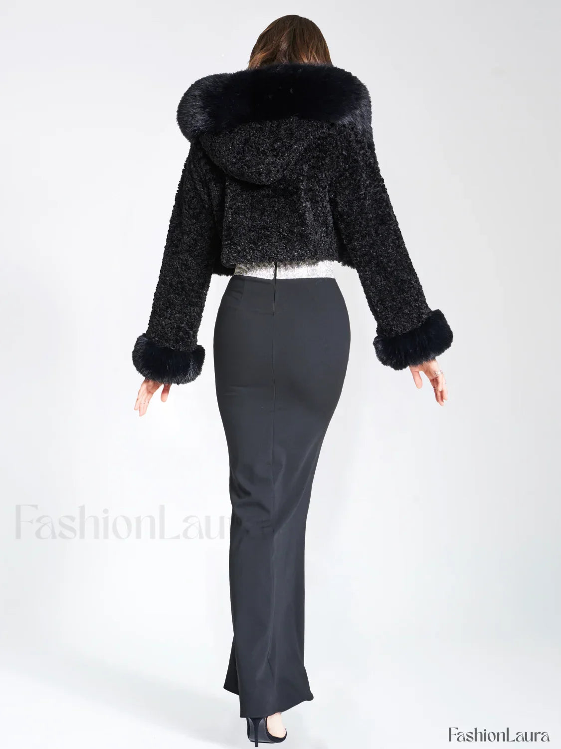 Kali Black Cropped Faux Graceful Fur Jacket With Hood