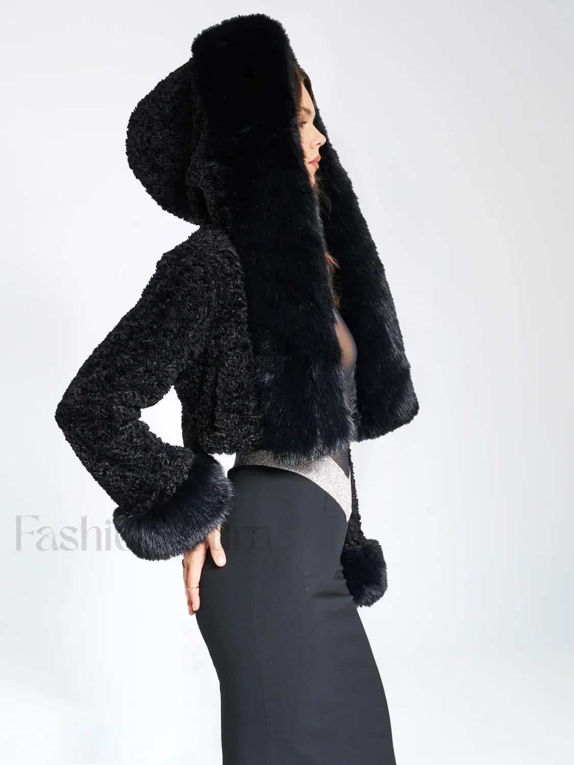 Kali Black Cropped Faux Graceful Fur Jacket With Hood S / US 4 6 Outwear