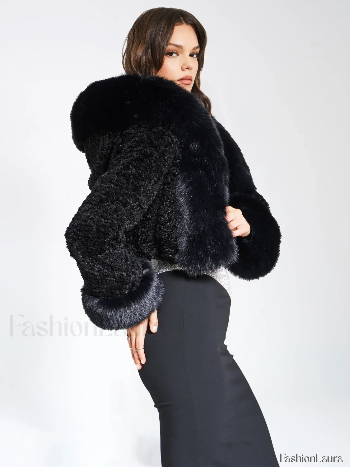 Kali Black Cropped Faux Graceful Fur Jacket With Hood
