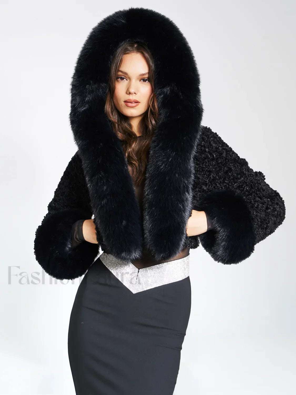 Kali Black Cropped Faux Graceful Fur Jacket With Hood XS / US 2 Outwear