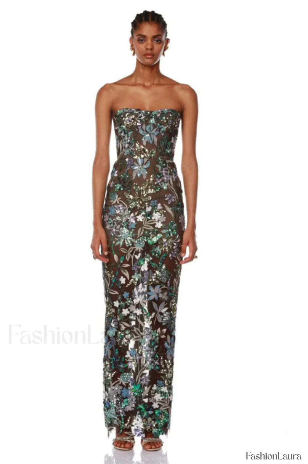 Kamames Strapless Floral Charming Sequined Maxi Dress
