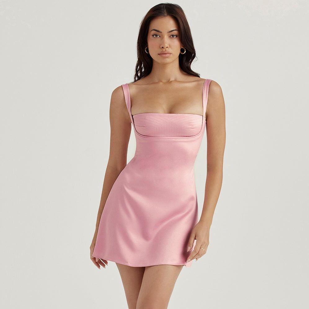 Satin Square Neck Wide Strap Bustier A-Line Mini Dress