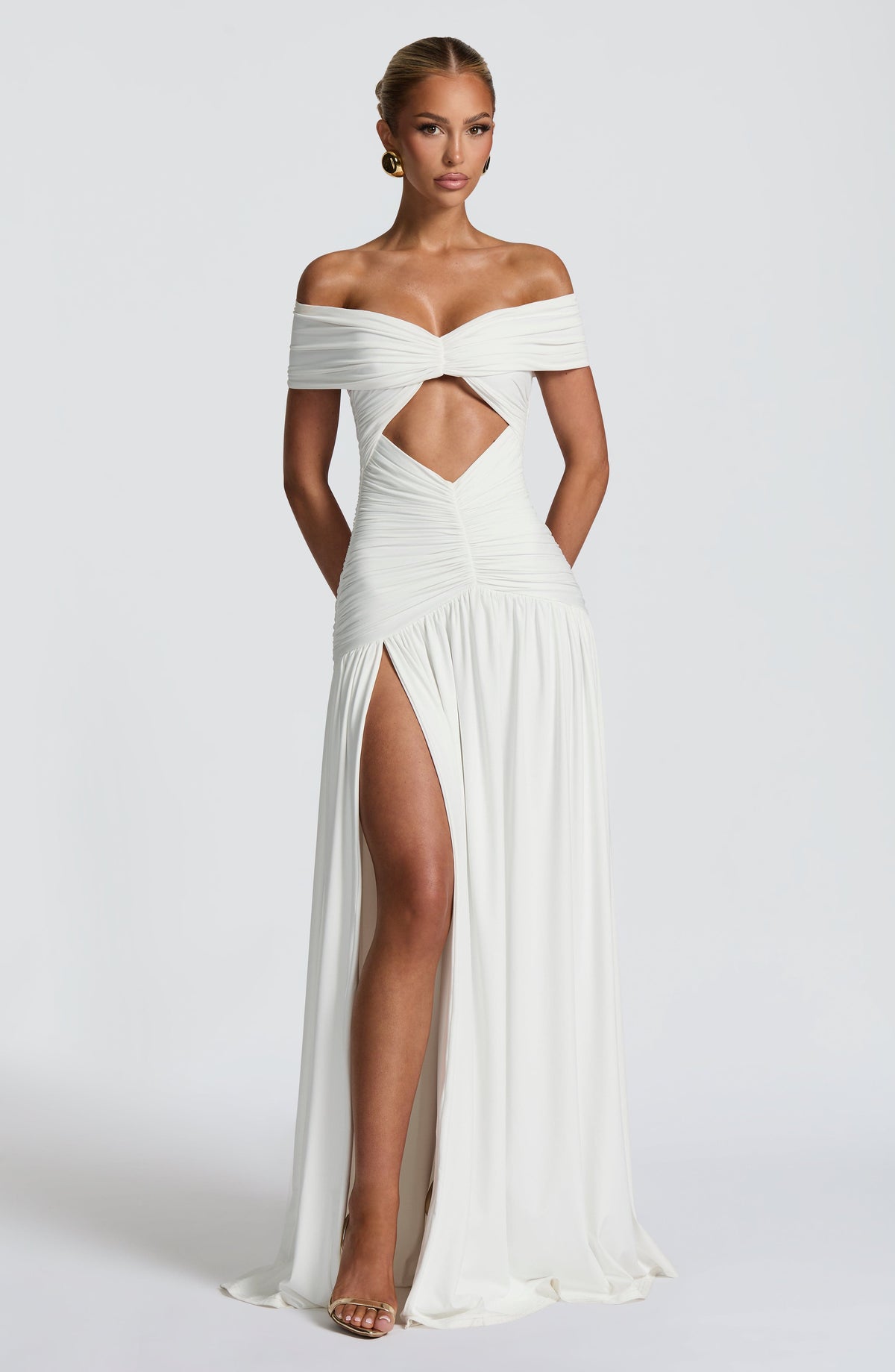 Off Shoulder Twist Front Cut Out Ruched High Split Maxi Gown