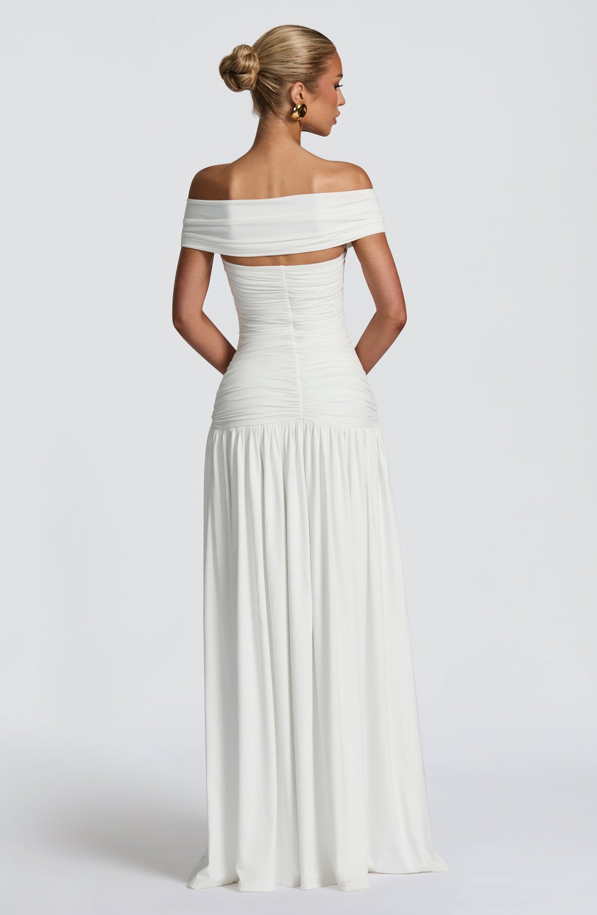 Off Shoulder Twist Front Cut Out Ruched High Split Maxi Gown 3