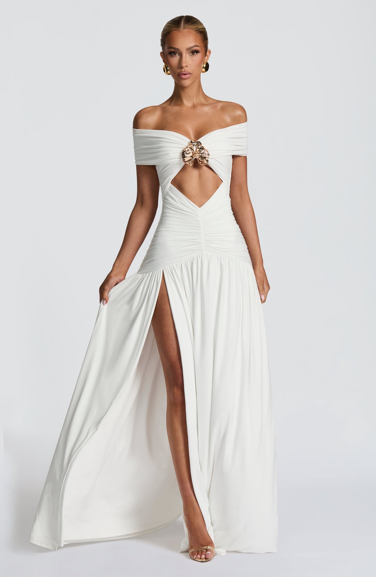 Off Shoulder Twist Front Cut Out Ruched High Split Maxi Gown 13