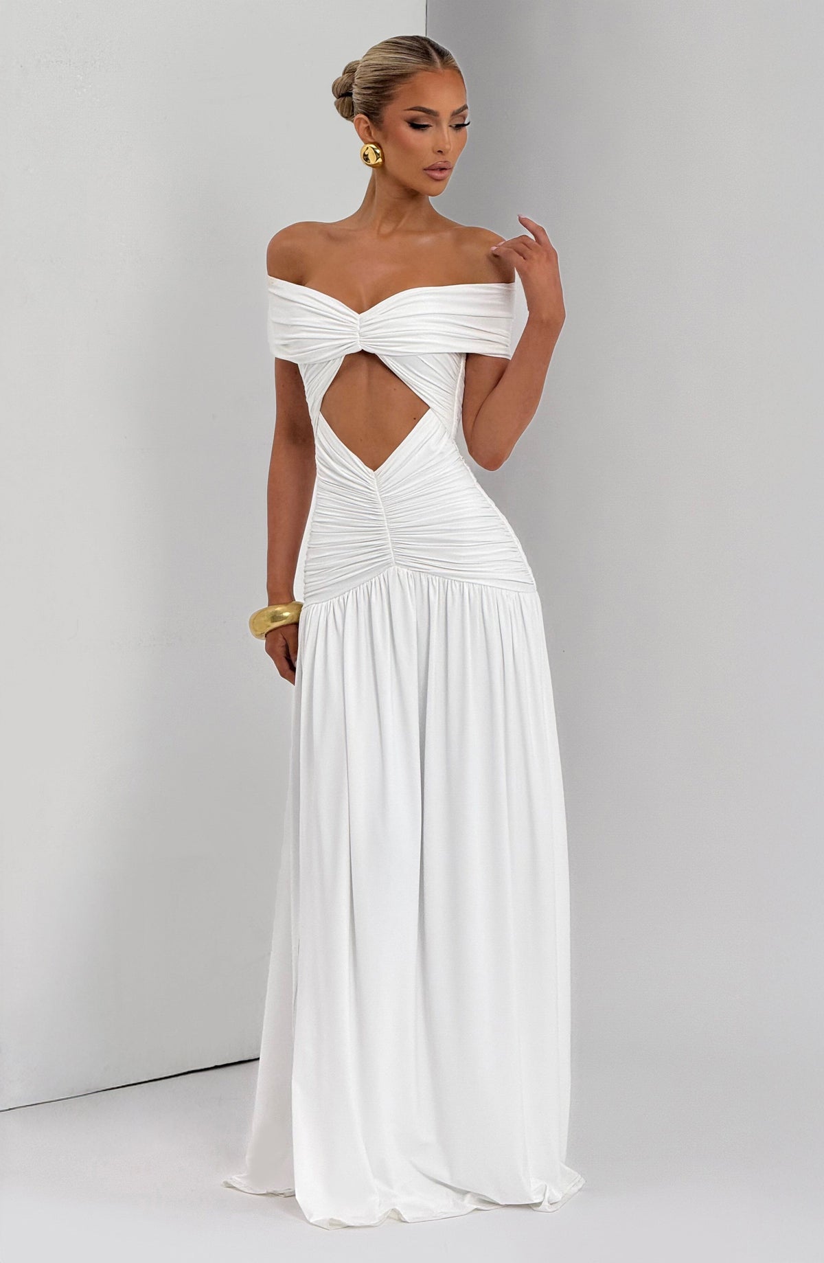 Off Shoulder Twist Front Cut Out Ruched High Split Maxi Gown 5