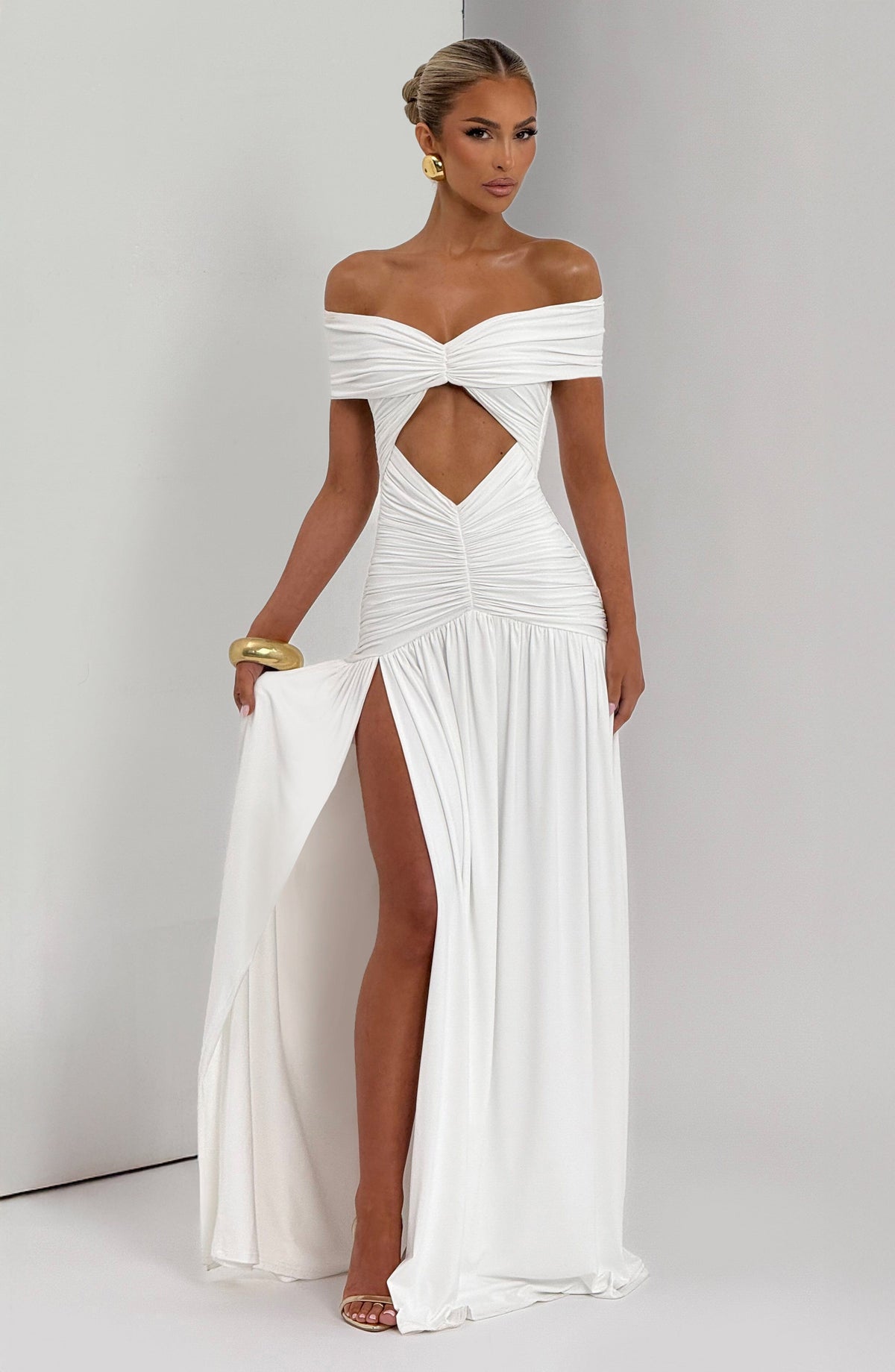 Off Shoulder Twist Front Cut Out Ruched High Split Maxi Gown 6