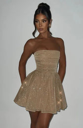 Strapless Glitter Tulle Fit and Flare Mini Dress Party 8