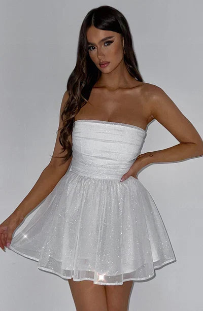 Strapless Glitter Tulle Fit and Flare Mini Dress Party 12
