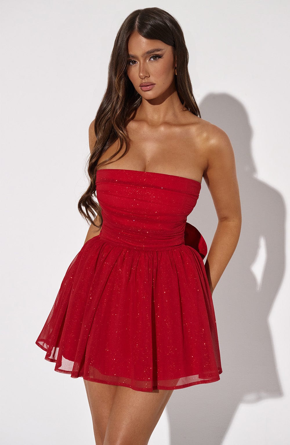 Glitter Tulle Strapless Back Bow Fit and Flare Mini Dress 12
