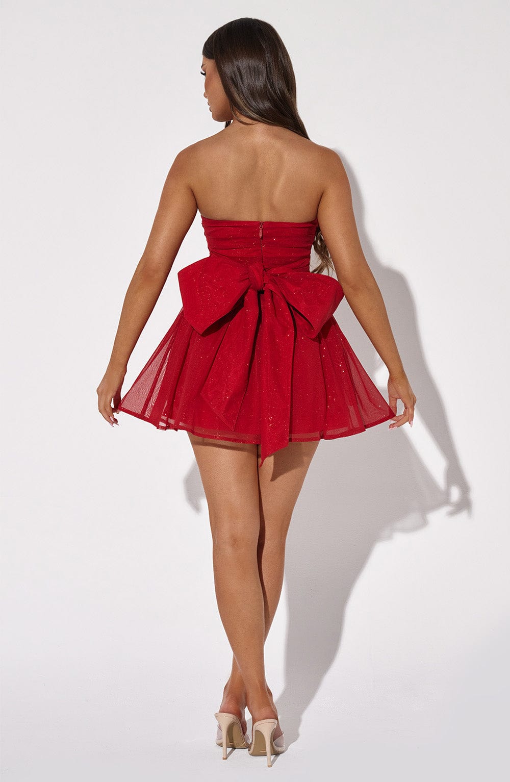 Glitter Tulle Strapless Back Bow Fit and Flare Mini Dress 7